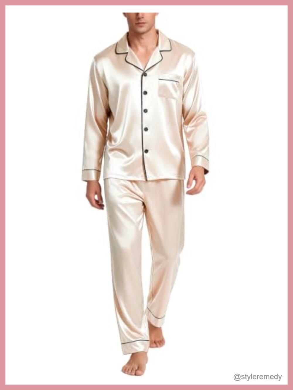 Men's Satin Pajama Set Long Sleeve Button-Down Sleepwear with Pants